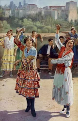 Espagne. Castagnettes claquantes et guitares vibrantes accompagnent les danses rythmées des jeunes filles gitanes de Grenade. 1920